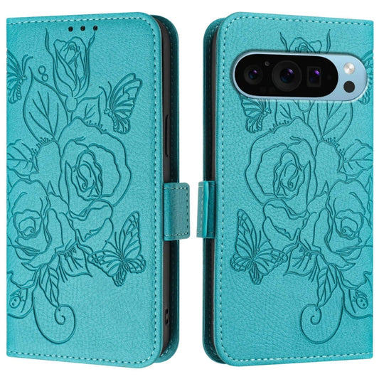 For Google Pixel 9 Pro XL Embossed Rose RFID Anti-theft Leather Phone Case(Light Blue) by buy2fix