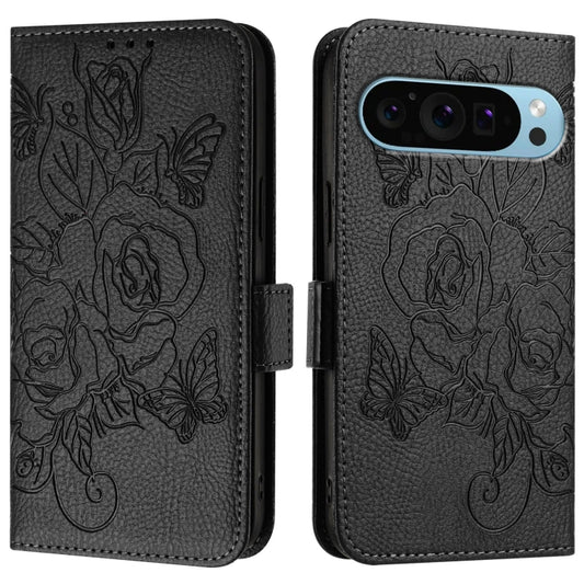 For Google Pixel 9 Pro XL Embossed Rose RFID Anti-theft Leather Phone Case(Black) by buy2fix