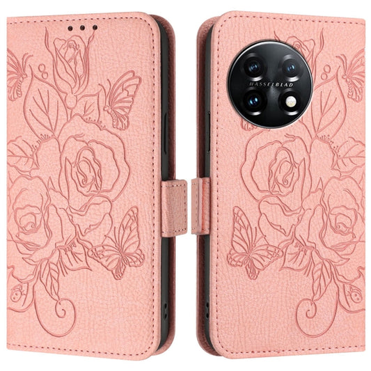For OnePlus 11 Embossed Rose RFID Anti-theft Leather Phone Case(Pink) by buy2fix