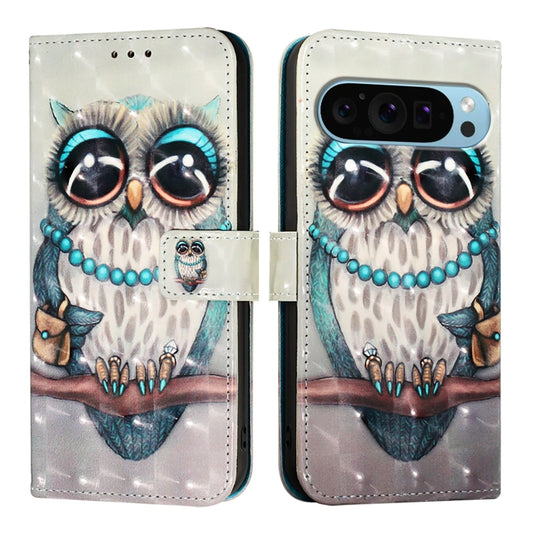 For Google Pixel 9 / 9 Pro 3D Painting Horizontal Flip Leather Phone Case(Grey Owl) by buy2fix