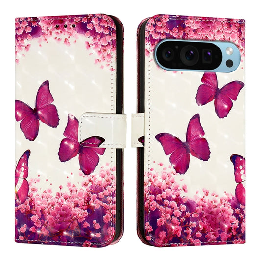 For Google Pixel 9 Pro XL 3D Painting Horizontal Flip Leather Phone Case(Rose Butterfly) by buy2fix