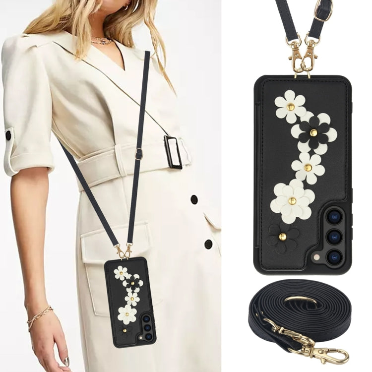 For Samsung Galaxy S25+ 5G Crossbody Flower Pattern Leather Phone Case(Black) by buy2fix