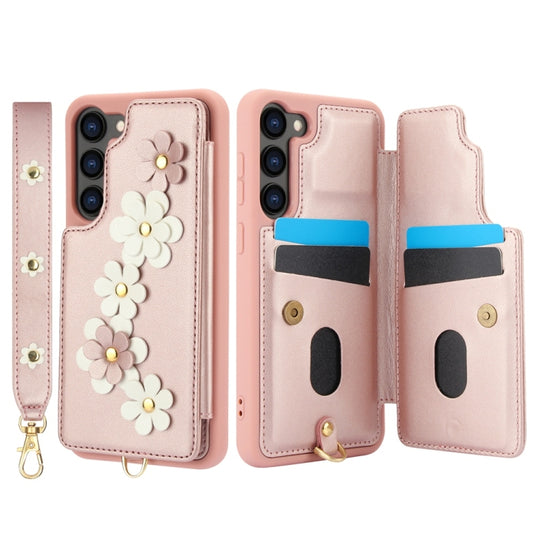 For Samsung Galaxy S25+ 5G Crossbody Flower Pattern Leather Phone Case(Rose Gold) by buy2fix