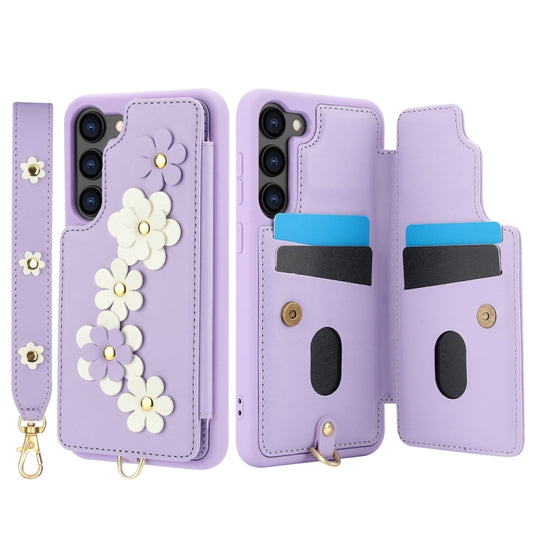 For Samsung Galaxy S25+ 5G Crossbody Flower Pattern Leather Phone Case(Purple) by buy2fix