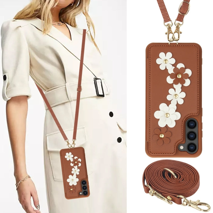 For Samsung Galaxy S25+ 5G Crossbody Flower Pattern Leather Phone Case(Brown) by buy2fix