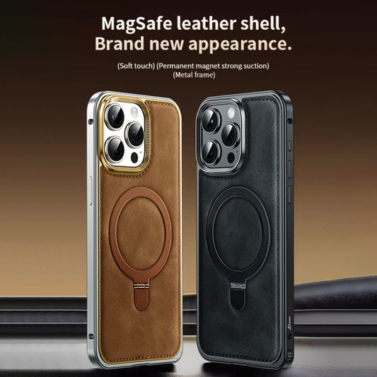 For iPhone 15 Pro Metal Frame Oil Wax Leather MagSafe Phone Case with Spring Buckle Stand(Brown) - iPhone 15 Pro Cases by buy2fix | Online Shopping UK | buy2fix