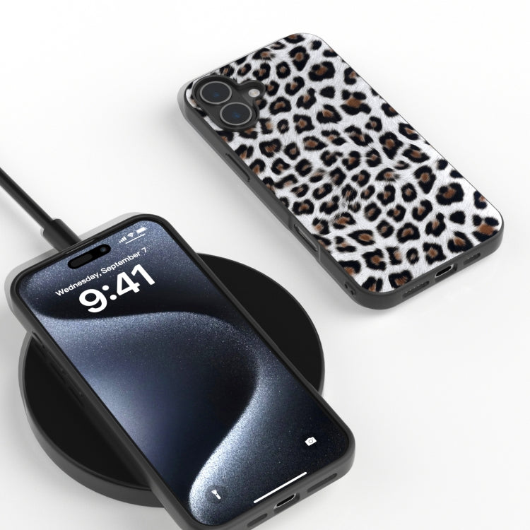 For iPhone 16 Plus Black Frame Leopard Phone Case(Silver Leopard) by buy2fix