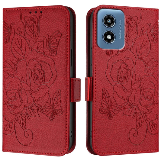 For Motorola Moto G Play 4G 2024 Embossed Rose RFID Anti-theft Leather Phone Case(Red) by buy2fix