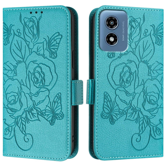 For Motorola Moto G Play 4G 2024 Embossed Rose RFID Anti-theft Leather Phone Case(Light Blue) by buy2fix