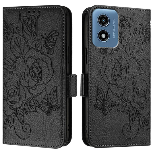For Motorola Moto G Play 5G / G 5G 2024 Embossed Rose RFID Anti-theft Leather Phone Case(Black) by buy2fix