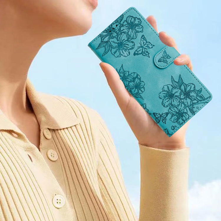 For Samsung Galaxy S25 5G Cherry Blossom Butterfly Skin Feel Embossed PU Phone Case(Green) by buy2fix