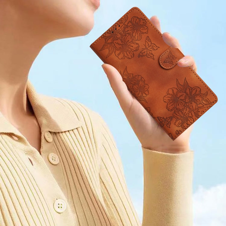 For Samsung Galaxy S25 5G Cherry Blossom Butterfly Skin Feel Embossed PU Phone Case(Brown) by buy2fix