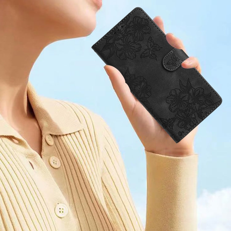 For Samsung Galaxy S25 5G Cherry Blossom Butterfly Skin Feel Embossed PU Phone Case(Black) by buy2fix