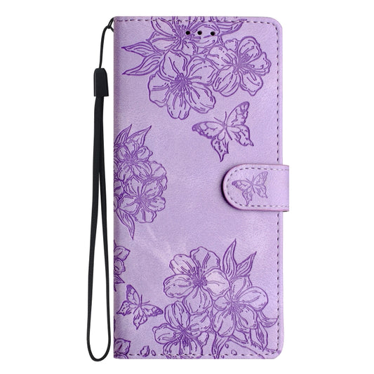 For Samsung Galaxy S25 Ultra 5G Cherry Blossom Butterfly Skin Feel Embossed PU Phone Case(Purple) by buy2fix