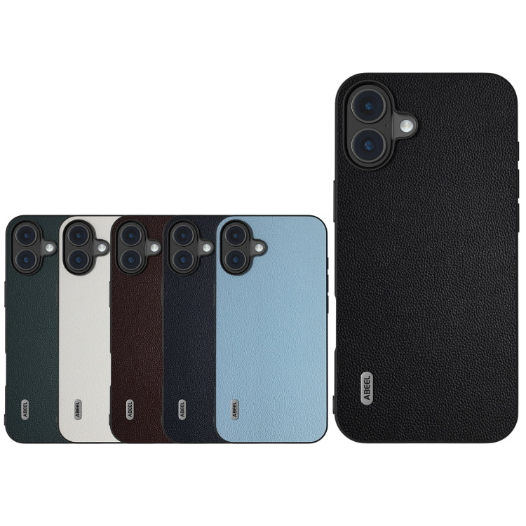 For iPhone 16 Plus ABEEL Black Frame Genuine Leather Elegant Phone Case(Blue) by buy2fix