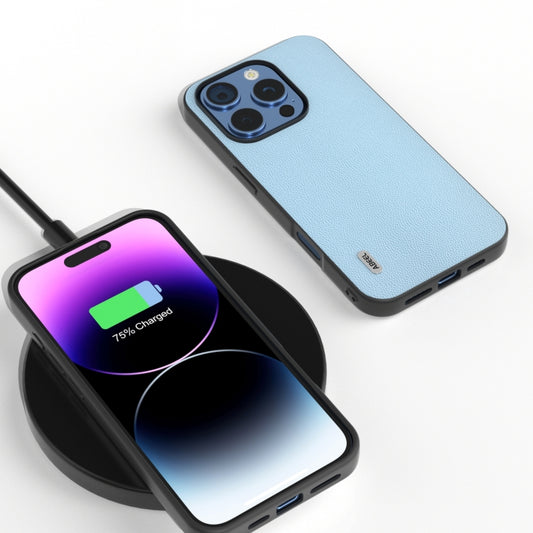 For iPhone 16 Pro Max ABEEL Black Frame Genuine Leather Elegant Phone Case(Sky Blue) by buy2fix