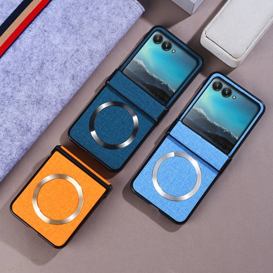 For Motorola Razr 50 Three-stage Folding Magsafe Cloth Texture Phone Case(Orange) by buy2fix