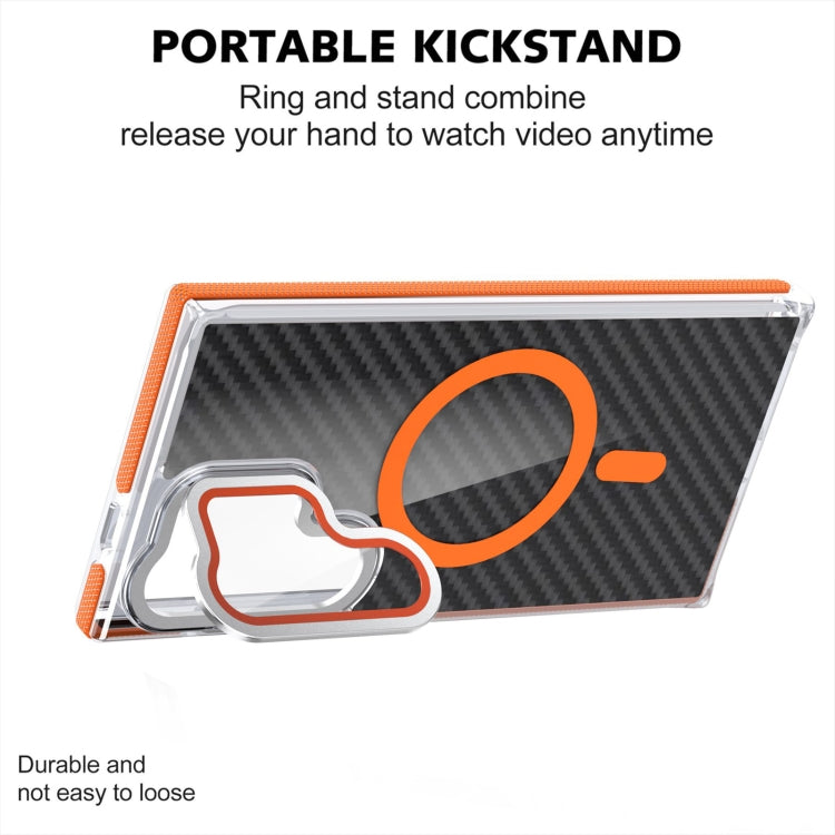 For Samsung Galaxy S24 Ultra 5G Magsafe Dual-Color Carbon Fiber Lens Film Phone Case with Lens Fold Holder(Orange) by buy2fix