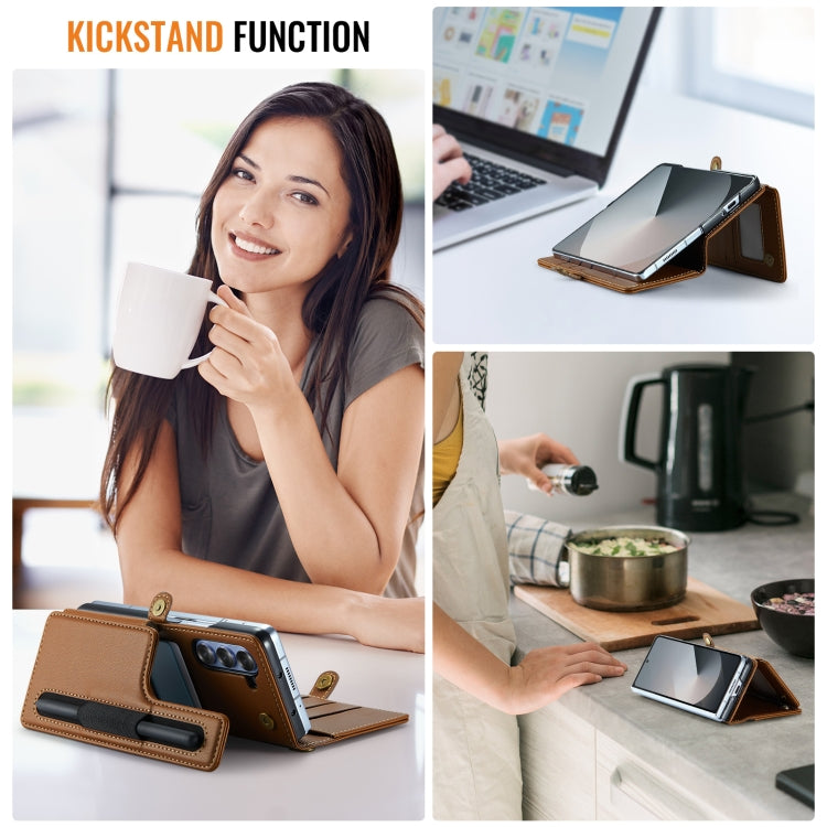 For Samsung Galaxy Z Fold6 5G CaseMe C22 PC+TPU Business Style RFID Anti-theft Lanyard Leather Phone Case with Pen Slot(Brown) by CaseMe