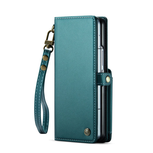 For Samsung Galaxy Z Fold6 5G CaseMe C22 PC+TPU Business Style RFID Anti-theft Lanyard Leather Phone Case with Pen Slot(Blue Green) by CaseMe