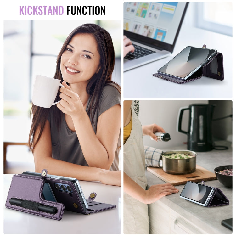 For Samsung Galaxy Z Fold6 5G CaseMe C22 PC+TPU Business Style RFID Anti-theft Lanyard Leather Phone Case with Pen Slot(Purple) by CaseMe