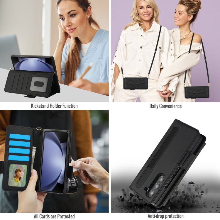 For Samsung Galaxy Z Fold6 Splicing Rhombic Texture Card Holder Phone Case with Lanyard, Not Included Pen(Black) - Galaxy Z Fold6 5G Cases by buy2fix | Online Shopping UK | buy2fix