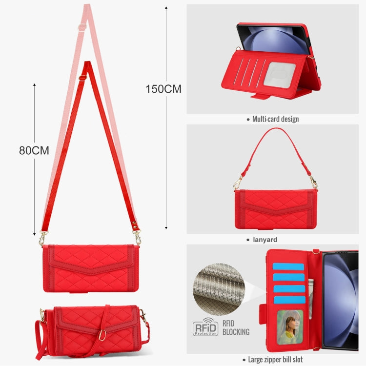 For Samsung Galaxy Z Fold6 Splicing Rhombic Texture Card Holder Phone Case with Lanyard, Not Included Pen(Red) - Galaxy Z Fold6 5G Cases by buy2fix | Online Shopping UK | buy2fix