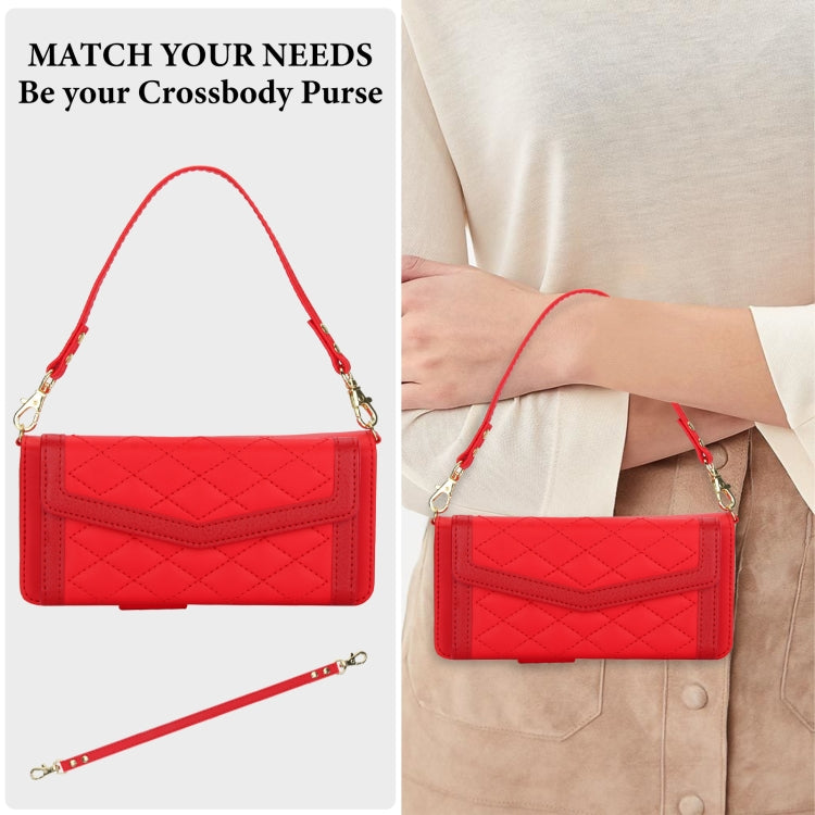For Samsung Galaxy Z Fold6 Splicing Rhombic Texture Card Holder Phone Case with Lanyard, Not Included Pen(Red) - Galaxy Z Fold6 5G Cases by buy2fix | Online Shopping UK | buy2fix