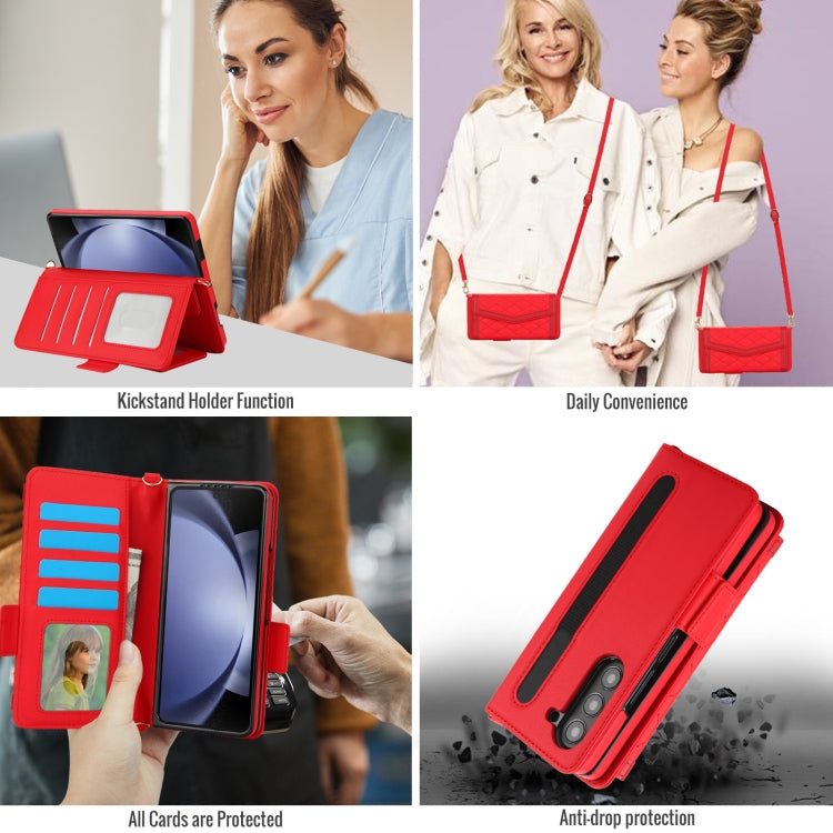 For Samsung Galaxy Z Fold6 Splicing Rhombic Texture Card Holder Phone Case with Lanyard, Not Included Pen(Red) - Galaxy Z Fold6 5G Cases by buy2fix | Online Shopping UK | buy2fix