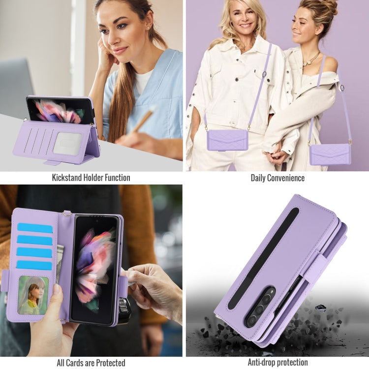 For Samsung Galaxy Z Fold4 Splicing Rhombic Texture Card Holder Phone Case with Lanyard, Not Included Pen(Purple) - Galaxy Z Fold4 5G Cases by buy2fix | Online Shopping UK | buy2fix