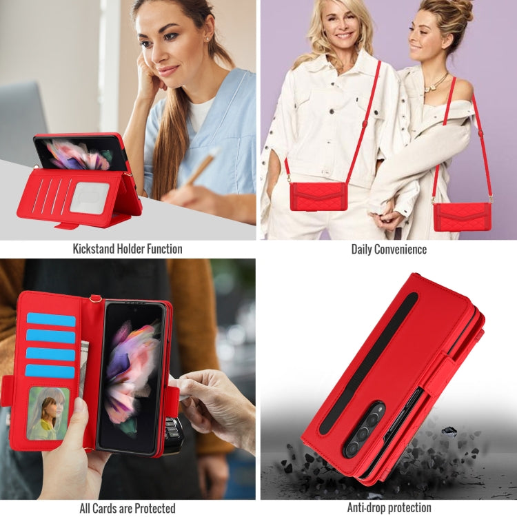 For Samsung Galaxy Z Fold3 5G Splicing Rhombic Texture Card Holder Phone Case with Lanyard, Not Included Pen(Red) - Galaxy Phone Cases by buy2fix | Online Shopping UK | buy2fix