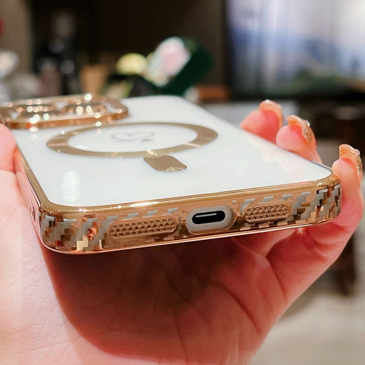 For iPhone 15 Plus Loves Carbon Fiber Clear Plated Magsafe TPU Phone Case(Gold) by buy2fix