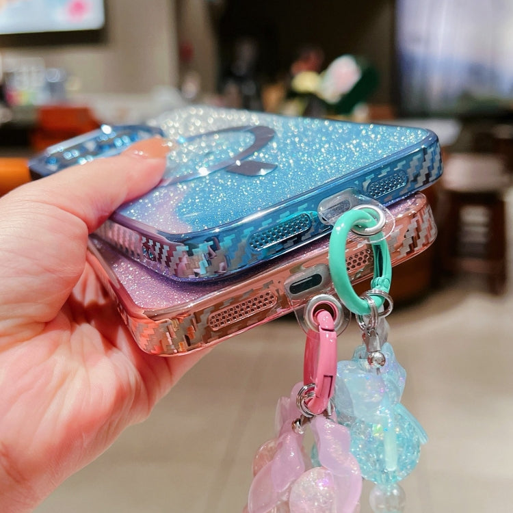 For iPhone 15 Plus Loves Gradient Glitter Bracelets Carbon Fiber Magsafe TPU Phone Case(Purple) by buy2fix