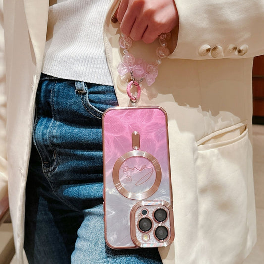 For iPhone 16 Pro Max Dual-Love Feather Gradient Glitter Bracelets Magsafe TPU Phone Case(Pink) by buy2fix