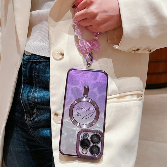 For iPhone 16 Plus Dual-Love Feather Gradient Glitter Bracelets Magsafe TPU Phone Case(Purple) by buy2fix