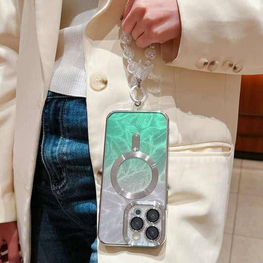 For iPhone 16 Dual-Love Feather Gradient Glitter Bracelets Magsafe TPU Phone Case(Green) by buy2fix