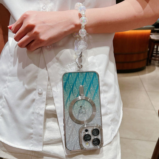 For iPhone 15 Pro Max Loves Leaves Gradient Glitter Bracelets Carbon Fiber Magsafe TPU Phone Case(Green) by buy2fix