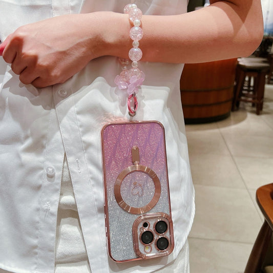 For iPhone 15 Pro Loves Leaves Gradient Glitter Bracelets Carbon Fiber Magsafe TPU Phone Case(Pink) by buy2fix