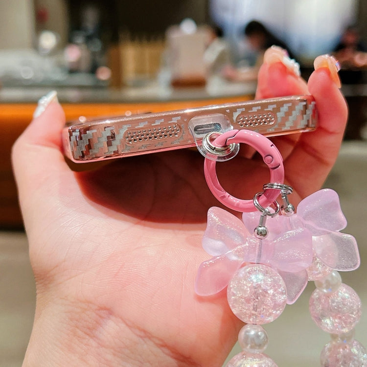 For iPhone 16 Loves Leaves Gradient Glitter Bracelets Carbon Fiber Magsafe TPU Phone Case(Pink) by buy2fix