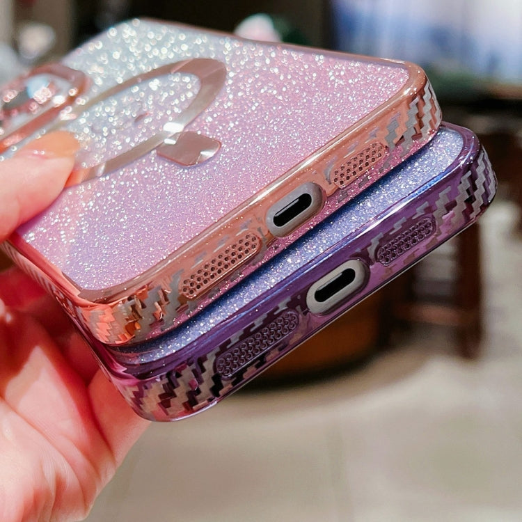 For iPhone 15 Loves Gradient Glitter Carbon Fiber Magsafe TPU Phone Case(Gold) by buy2fix