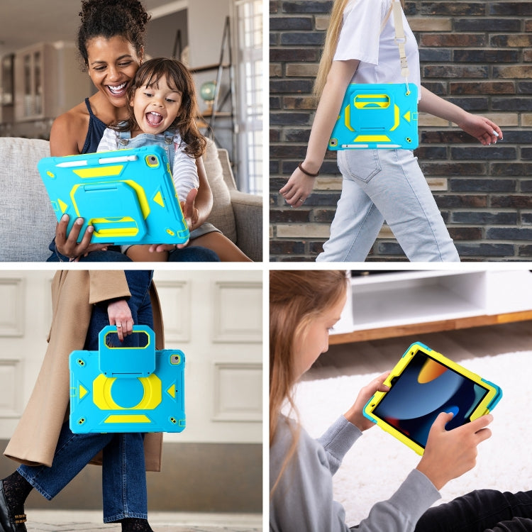 For iPad 10.2 2021 / 2020 / 2019 Legend Grip Holder Silicone Hybrid PC Tablet Case with Strap(Blue Fluorescent Yellow) - iPad 10.2 Cases by buy2fix | Online Shopping UK | buy2fix