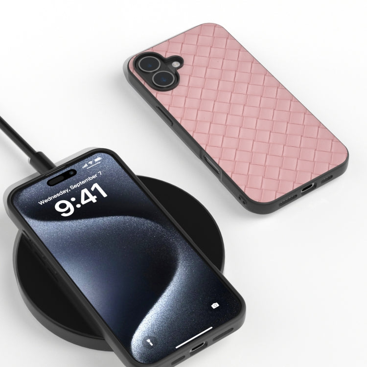For iPhone 16 Black Frame Woven Texture PU Phone Case(Pink) by buy2fix