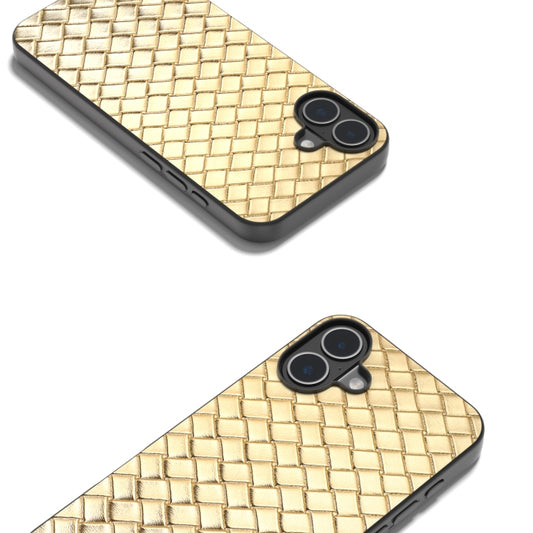 For iPhone 16 Black Frame Woven Texture PU Phone Case(Gold) by buy2fix