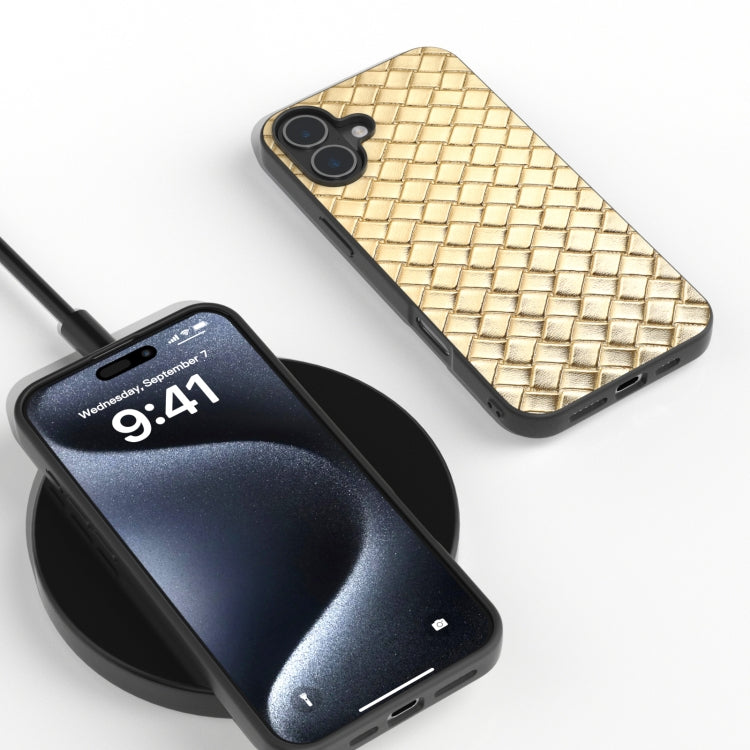 For iPhone 16 Black Frame Woven Texture PU Phone Case(Gold) by buy2fix