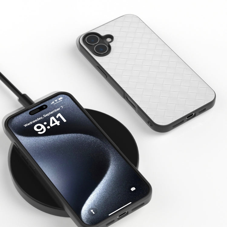 For iPhone 16 Plus Black Frame Woven Texture PU Phone Case(White) by buy2fix