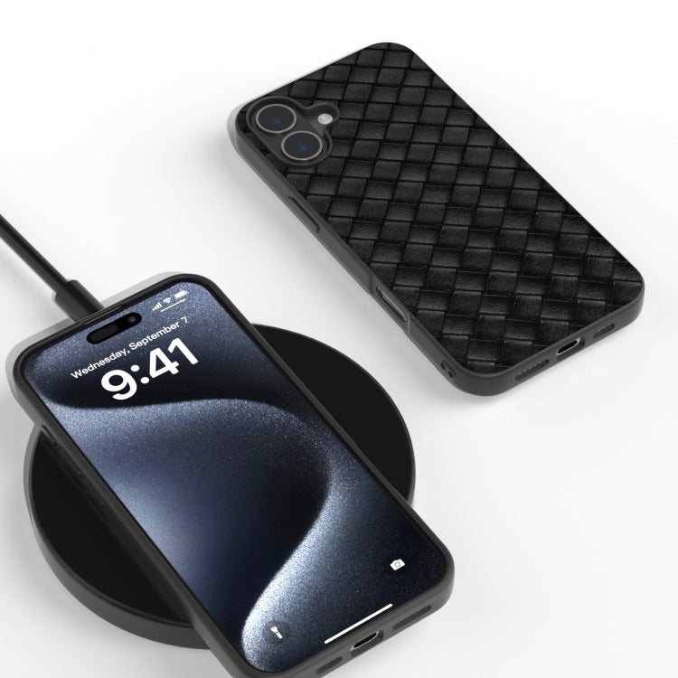 For iPhone 16 Plus Black Frame Woven Texture PU Phone Case(Black) by buy2fix