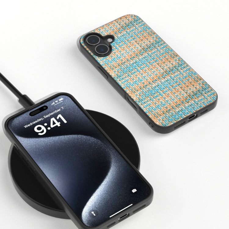 For iPhone 16 Black Frame Color Lattice Texture PU Phone Case(Blue) by buy2fix