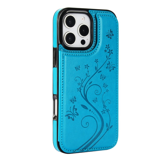 For iPhone 16 Pro Max Double Buckle Butterfly Embossing PU Phone Case(Blue) by buy2fix