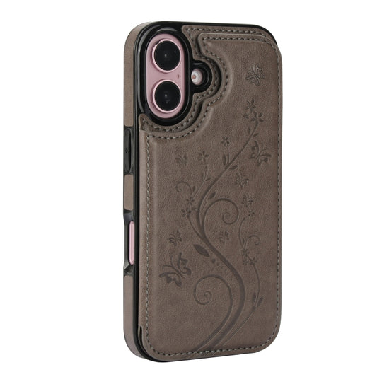 For iPhone 16 Double Buckle Butterfly Embossing PU Phone Case(Grey) by buy2fix