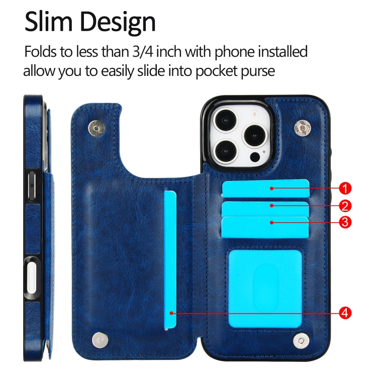 For iPhone 16 Pro Double Buckle Crazy Horse Texture PU Phone Case(Blue) by buy2fix